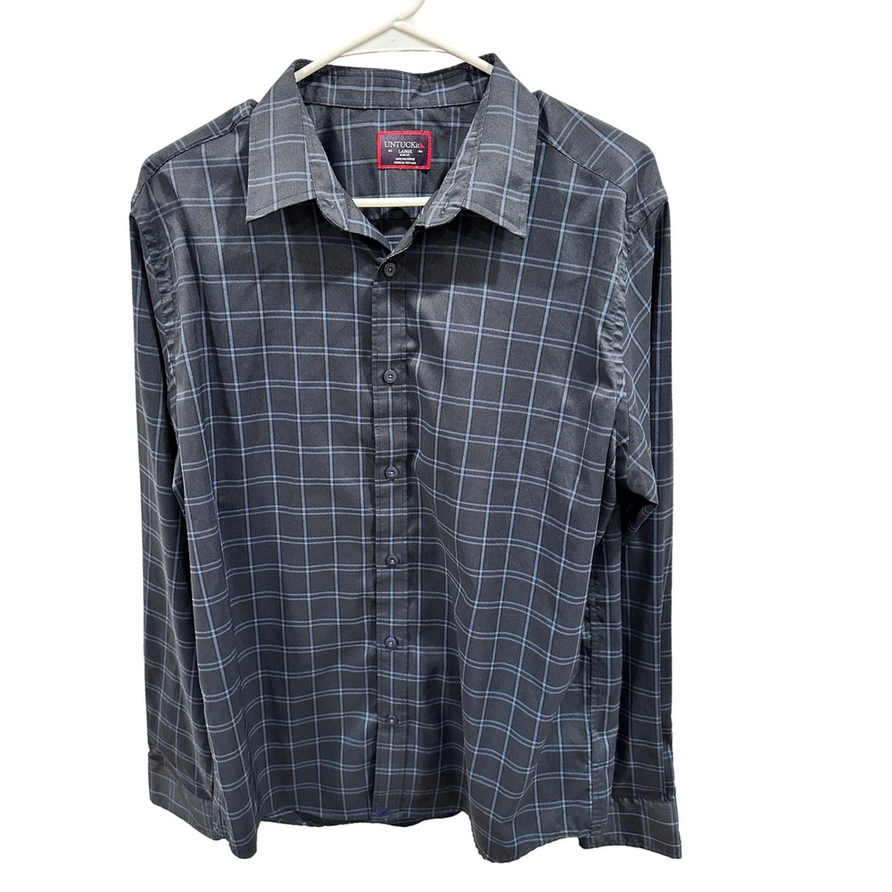 UNTUCKit Men's Large Slim Fit Fendant Navy Blue Plaid‎ Long Sleeve  Shirt